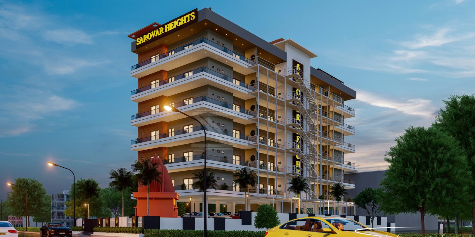 Sarovar Heights Right Side Elevation Evening scaled